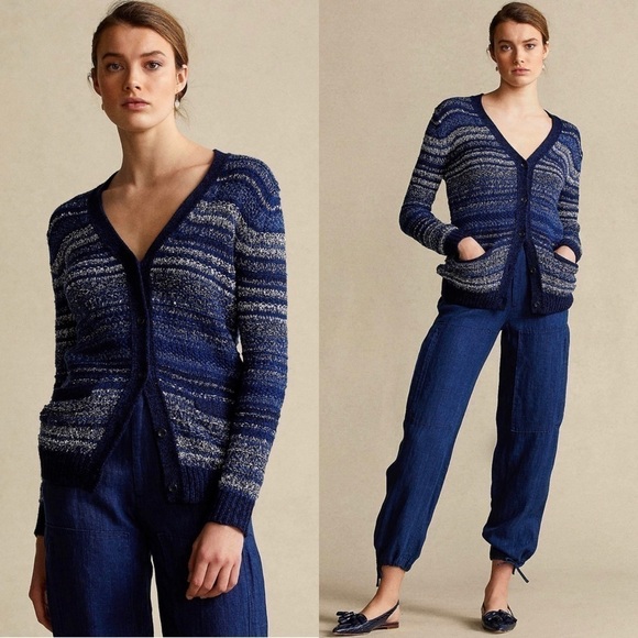NWT POLO RALPH LAUREN Wool Linen Stripe Knit V-Neck Academia Grandpa Cardigan XS - Picture 1 of 8